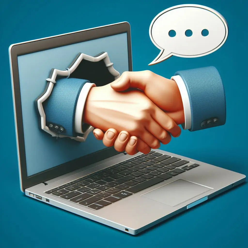 An image of a handshake through a website on a screen, representing a digital deal or transaction process.