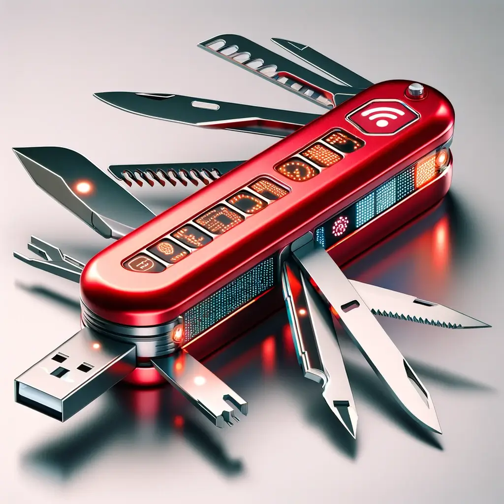 A graphic featuring a Swiss Army knife with digital tools, representing the versatility of an AI assistant in the digital world.