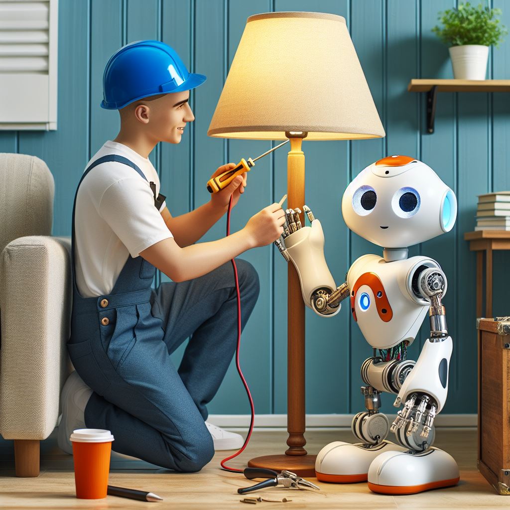 An illustration of a robot assisting a handyman in repairs, symbolizing AI-driven business growth.