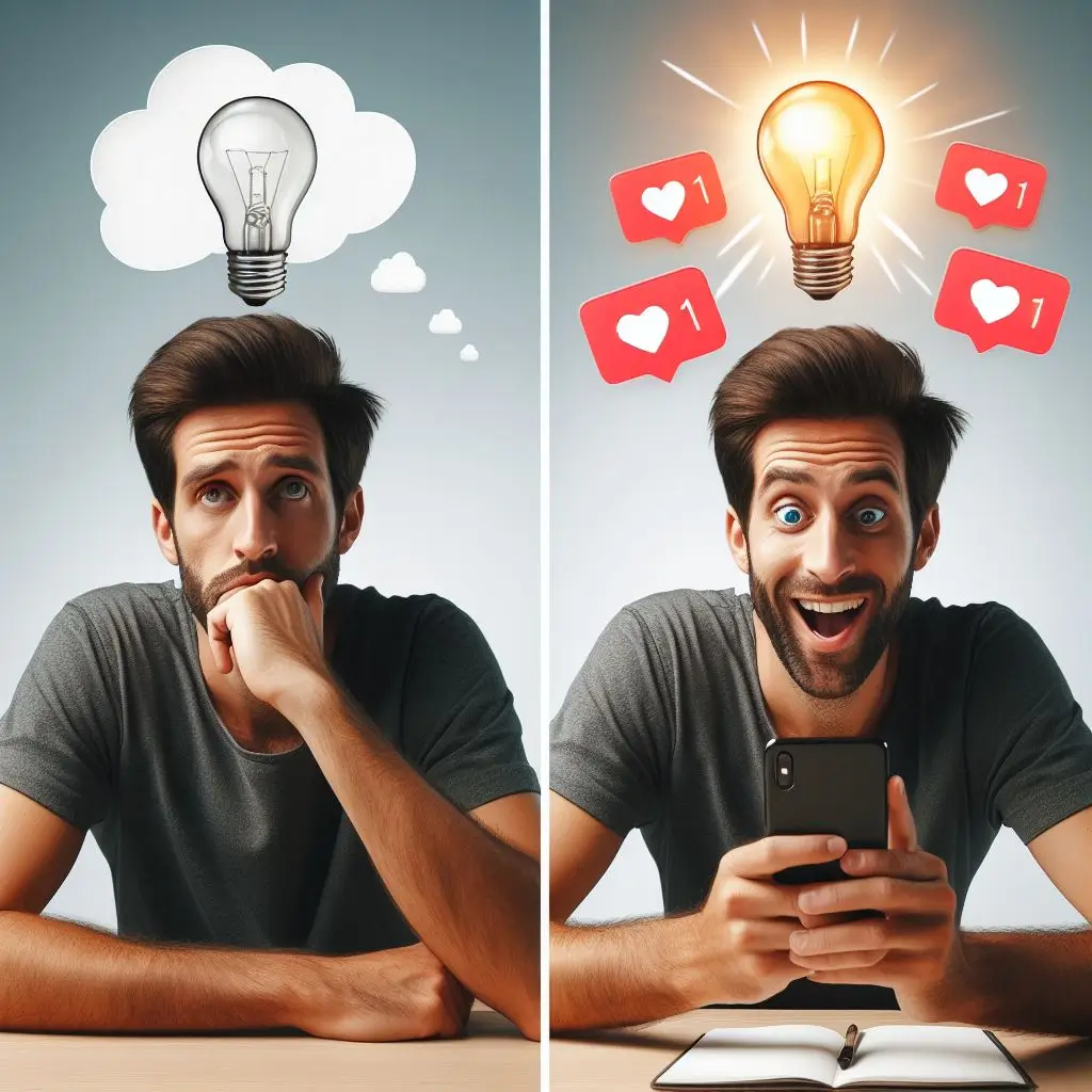 A comparison graphic showing 'before and after' of a man thinking and being happy with the likes and ideas.