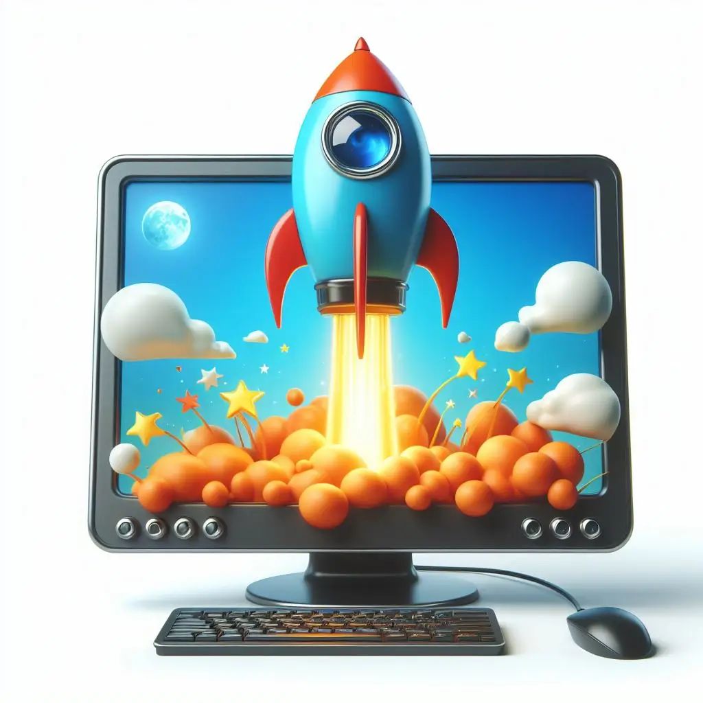 A graphic of a rocket launching from a computer screen, symbolizing the process of starting a business online and achieving growth.