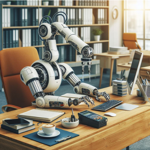 An illustration of a machine at a desk powering a virtual assistant, representing AI-driven assistance in work and productivity.