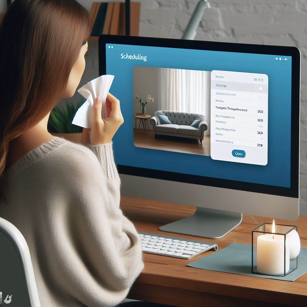 A woman holding a napkin sitting at a computer and scheduling a visit to a doctor