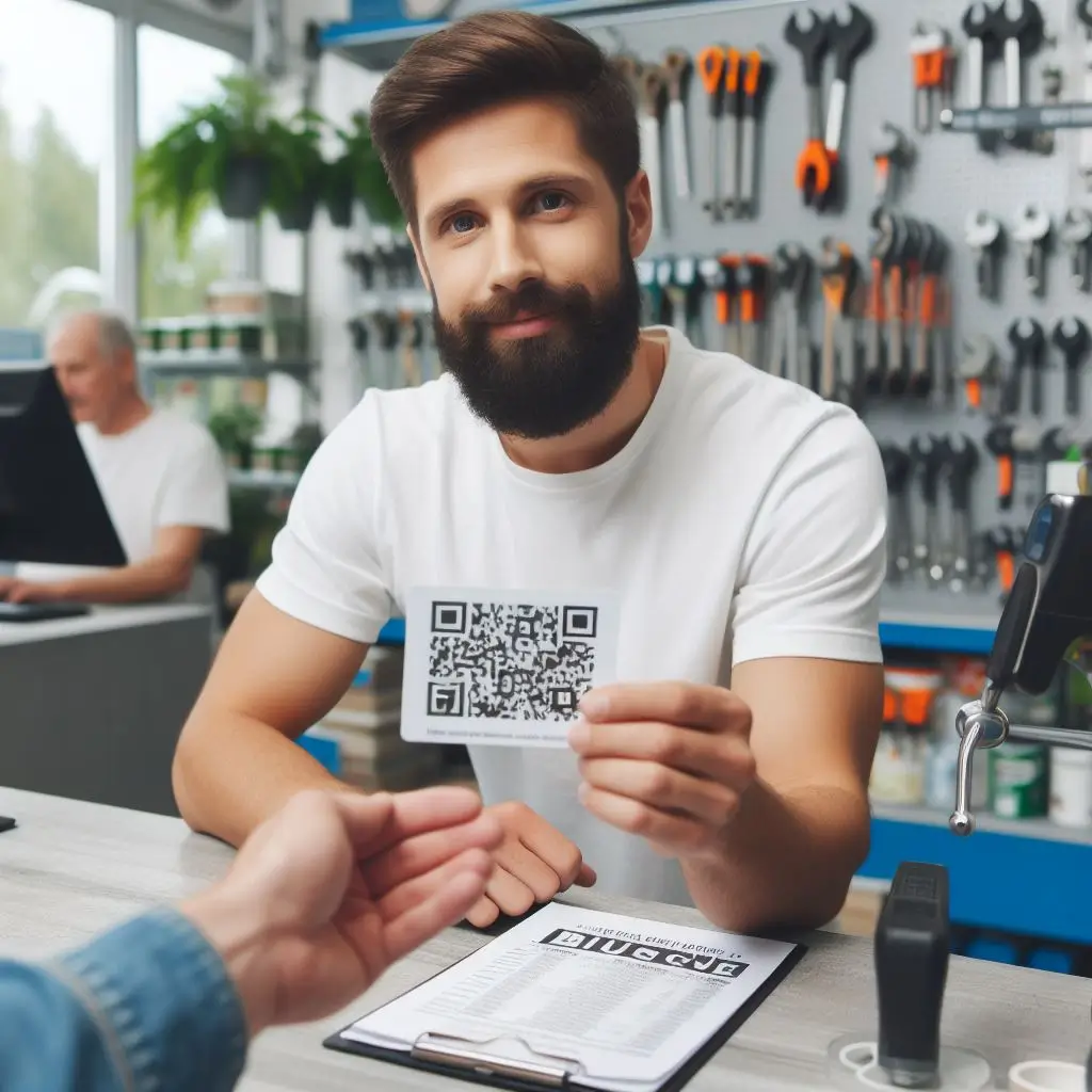 A man at a tool shop giving a note with a QR-code to a customer across the counter