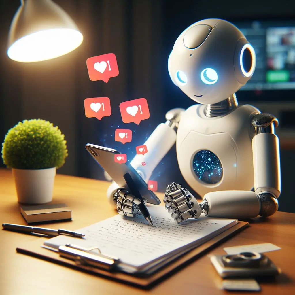 An illustration of a happy robot sitting at a desk and watching likes flow on his phoneg
