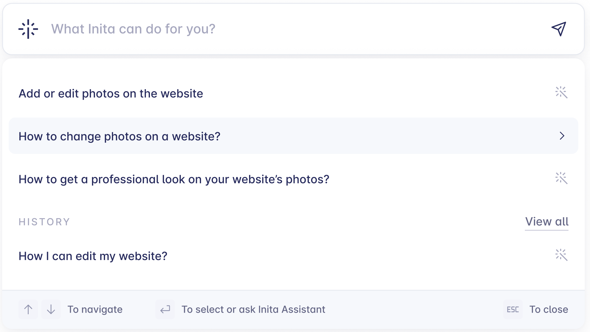 Image showing questions one can ask Inita about their website