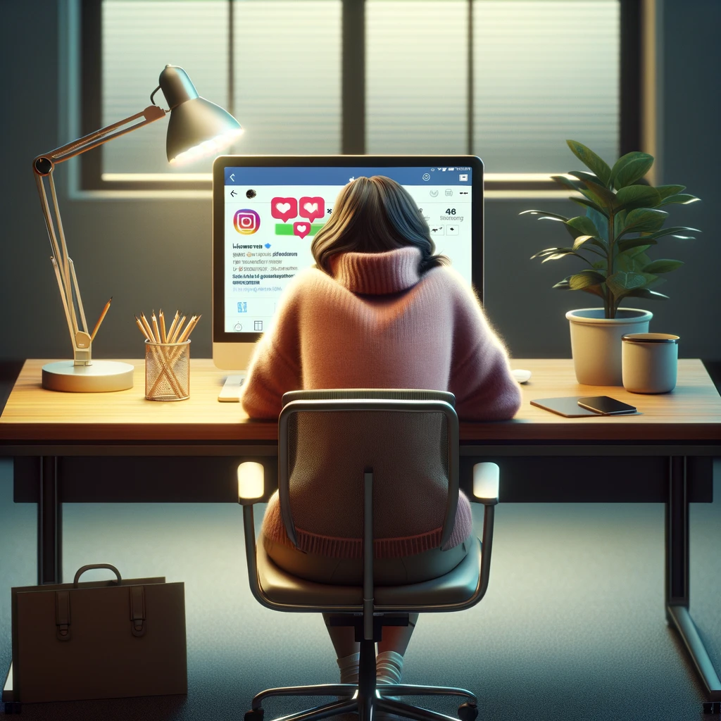 Image of a woman from her back sitting in front of a computer with Instagram open on it
