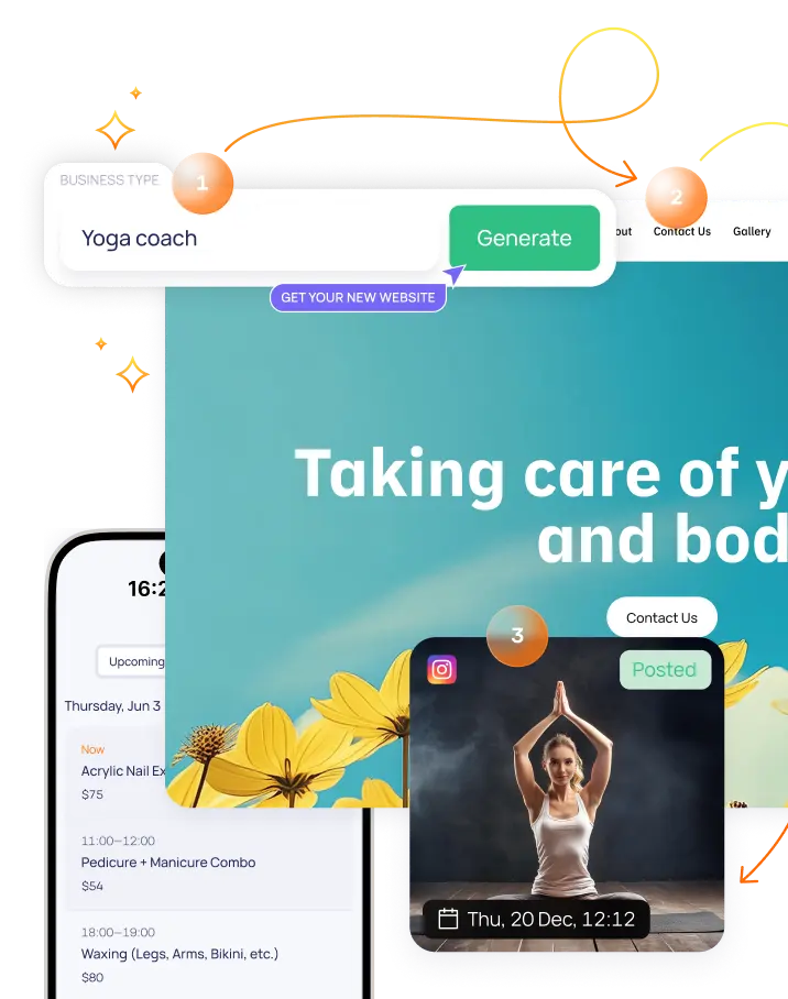 Image showcasing different features of Inita like social media posting, website creation and bookings