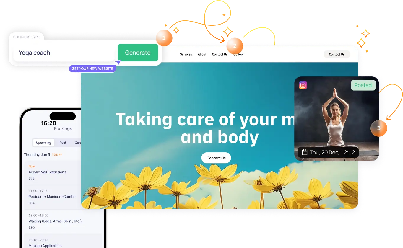 Image showcasing different features of Inita like social media posting, website creation and bookings