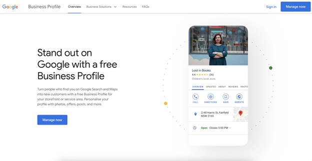 Image showing the Google Business landing page, showing the overview section of the profile
